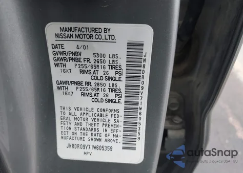 2001 Nissan Pathfinder Se из США, поврежденный, VIN JN8DR09Y71W605359